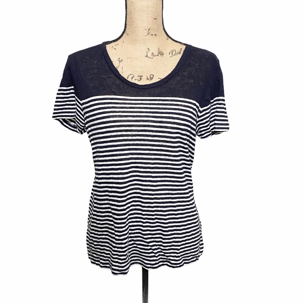 J. Crew navy blue and white striped linen tshirt